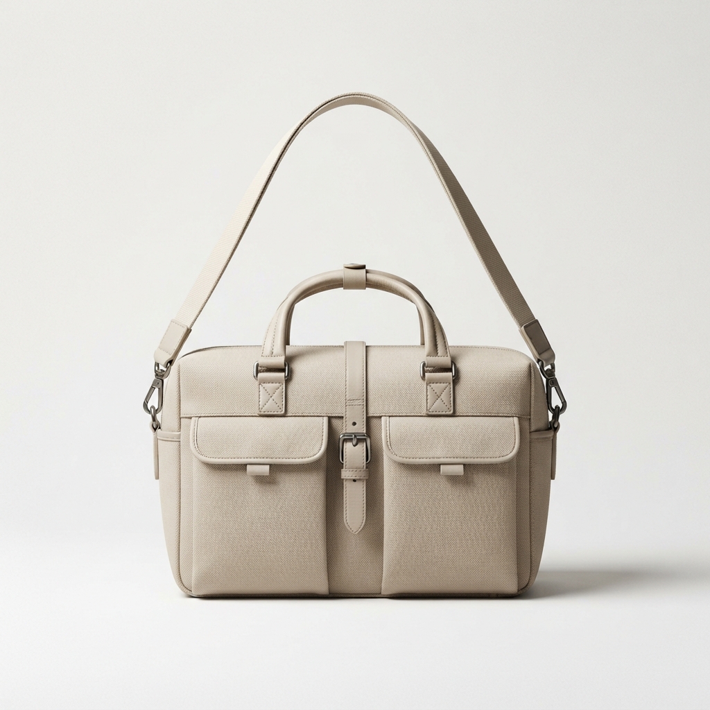 Soft beige camera shoulder bag with gentle minimalist design