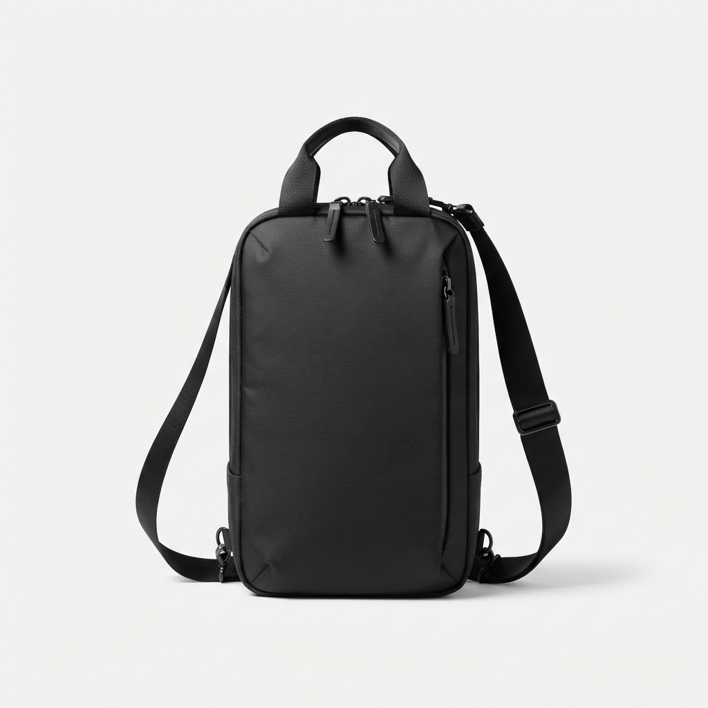 Black slim camera sling bag in soft minimalist style