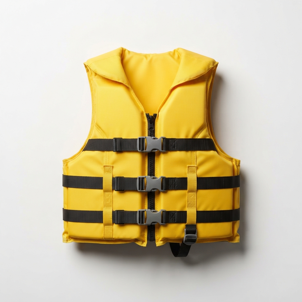 Yellow kids life jacket with bright panels