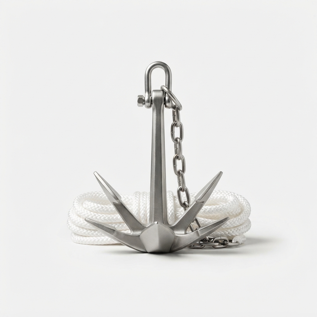 Silver small boat anchor kit with rope and bag